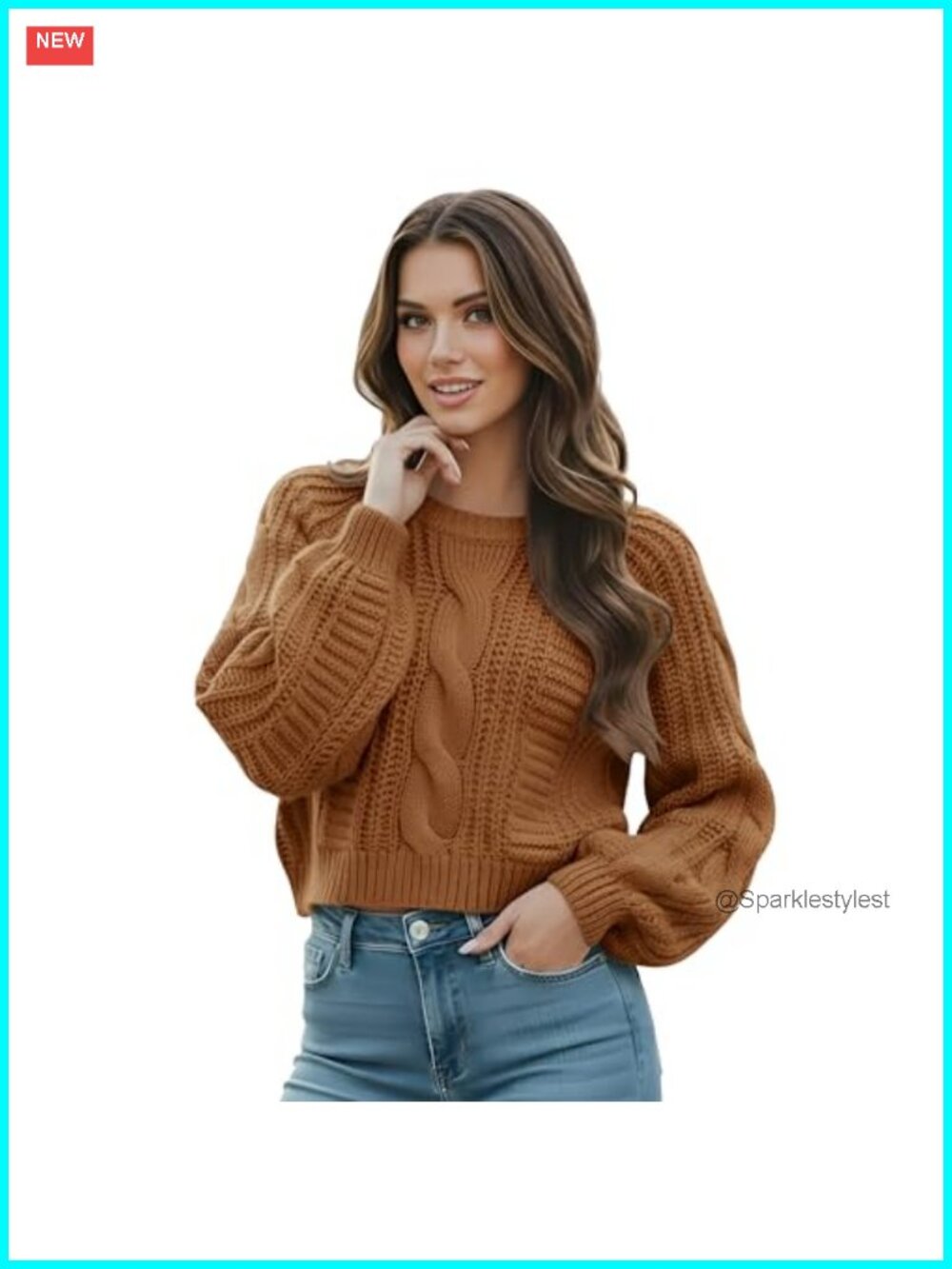 Cropped Cable Knit Sweater Soft Warm Long Sleeve Pullover Casual Fall Winter